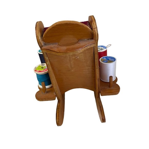 Vintage ROCKING CHAIR Pin Cushion Handmade Spool Holder Caddy 9"H x 8.5"D x 7"W - Picture 4 of 7